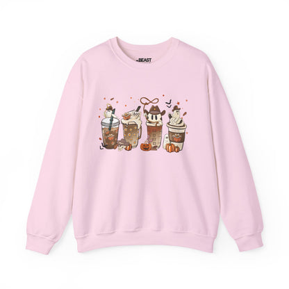 light pink sweatshirt with halloween coffee ghost spooky season design