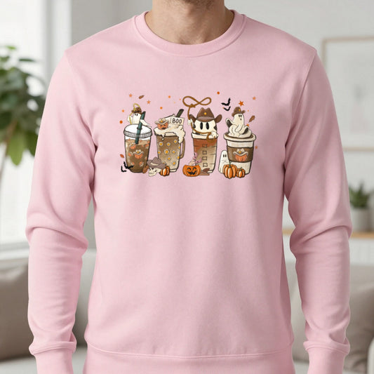 Cute Halloween Coffee Ghost Sweatshirt in Light Pink, worn, our photo