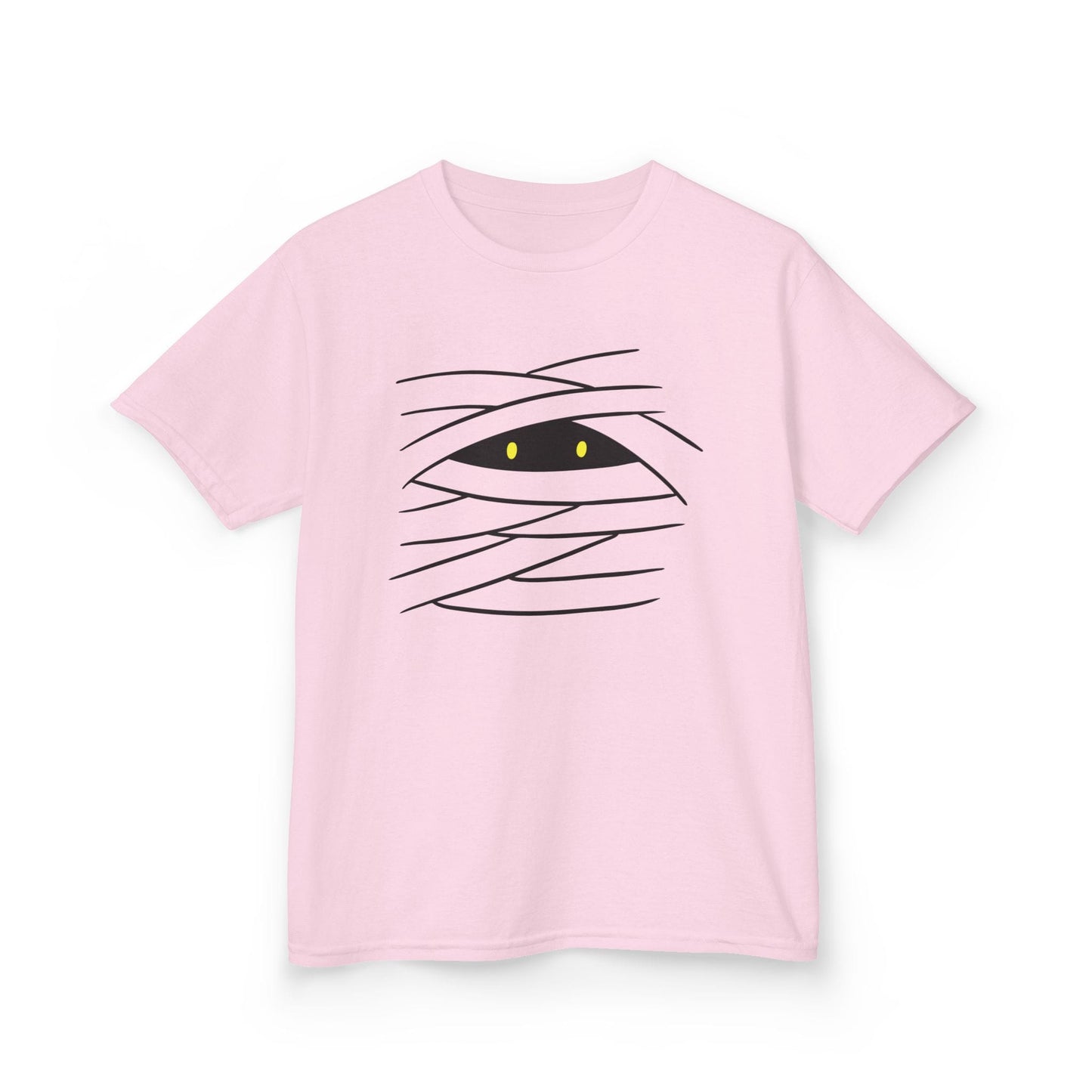 light pink kids t-shirt with minimalist mummy eyes halloween graphic for children
