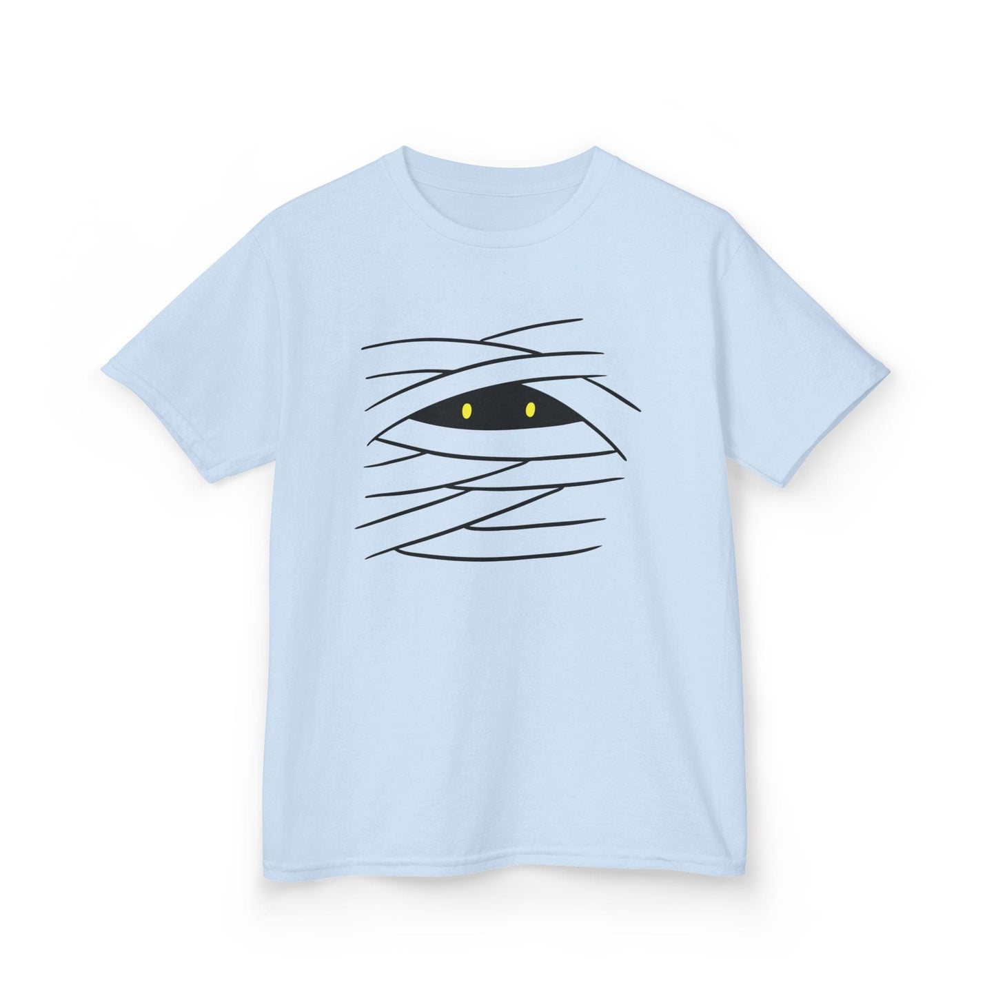 light blue kids t-shirt with cute mummy eyes spooky halloween design