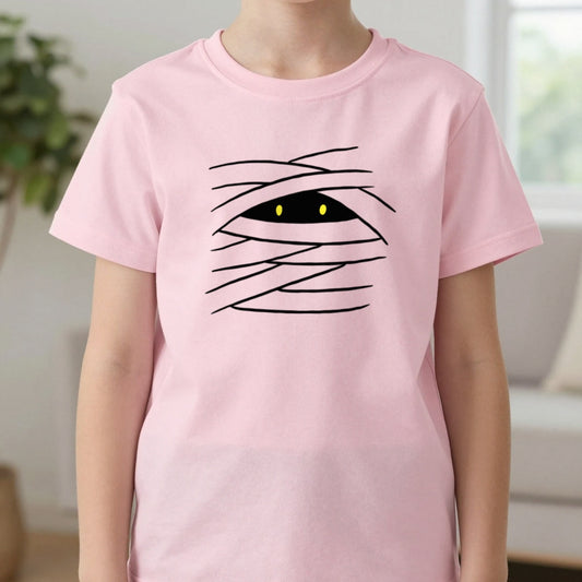 Cute Mummy Eyes Halloween T-Shirt in Heliconia, worn, our photo