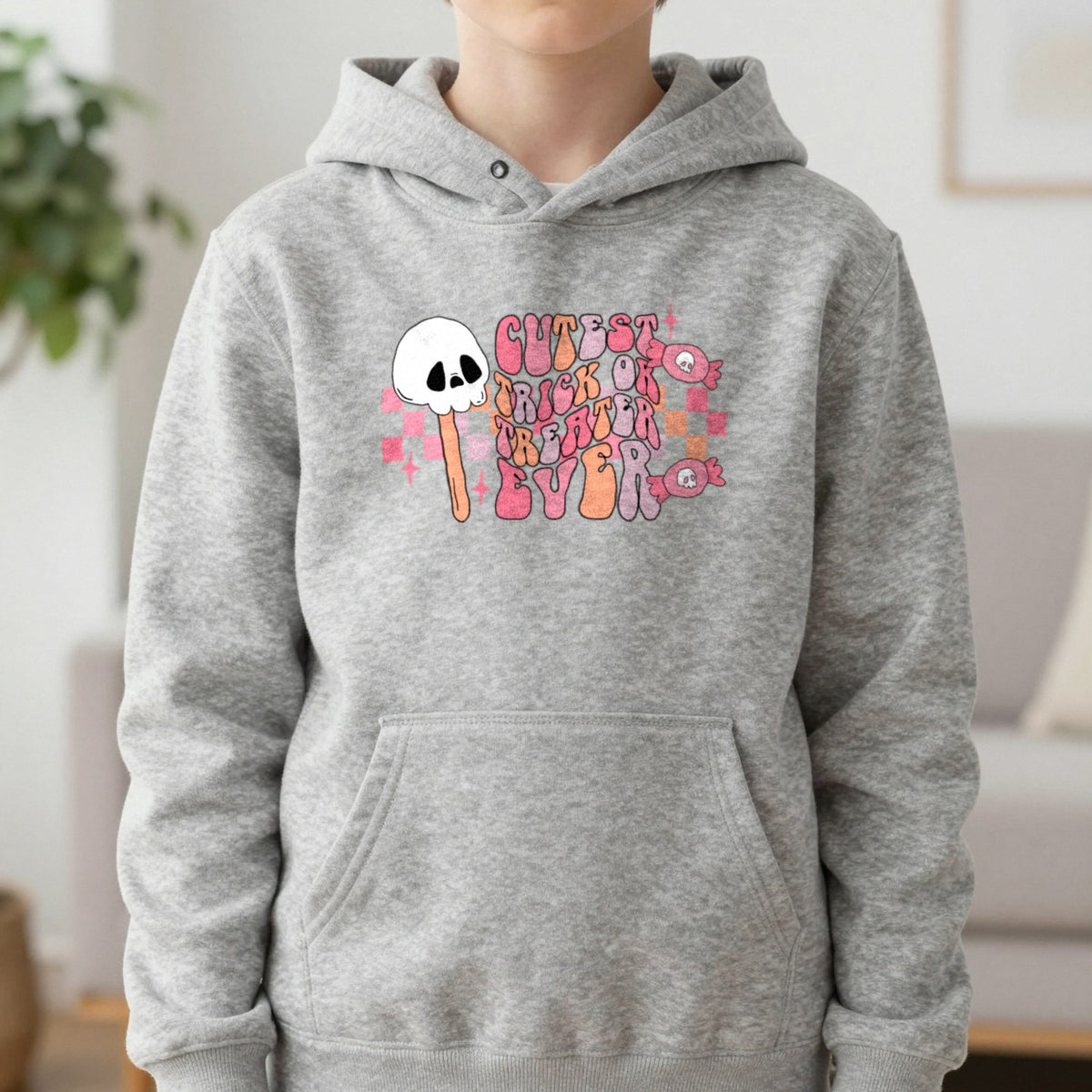Cutest Trick Or Treater Ever Halloween Kids Hoodie in Sport Grey, worn, our photo