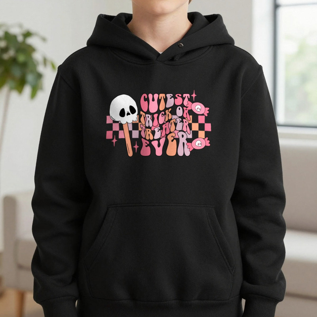 Cutest Trick Or Treater Ever Halloween Kids Hoodie in Black, worn, our photo