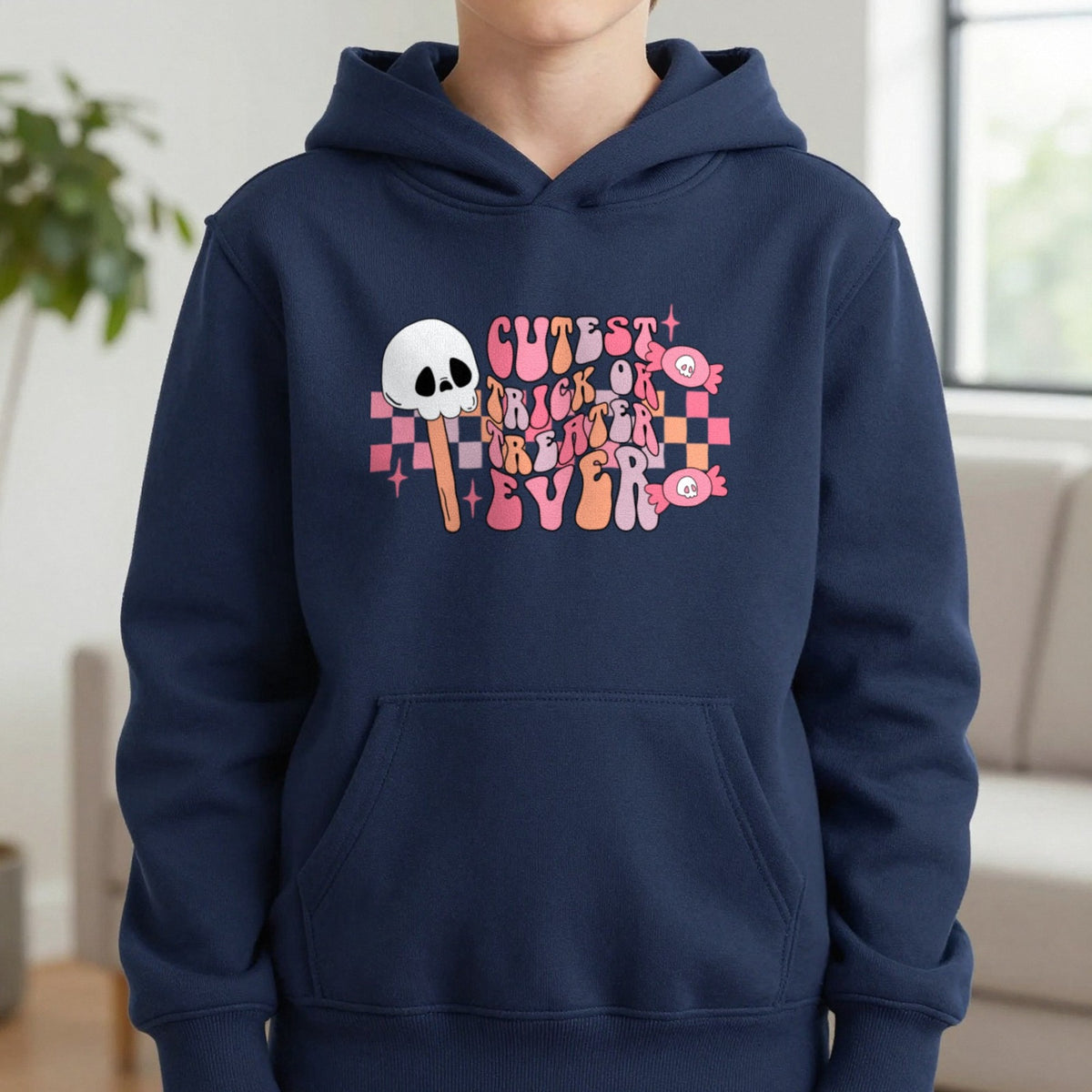 Cutest Trick Or Treater Ever Halloween Kids Hoodie in Navy, worn, our photo
