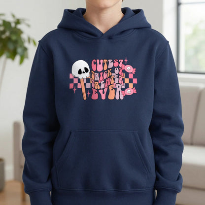 Cutest Trick Or Treater Ever Halloween Kids Hoodie in Navy, worn, our photo