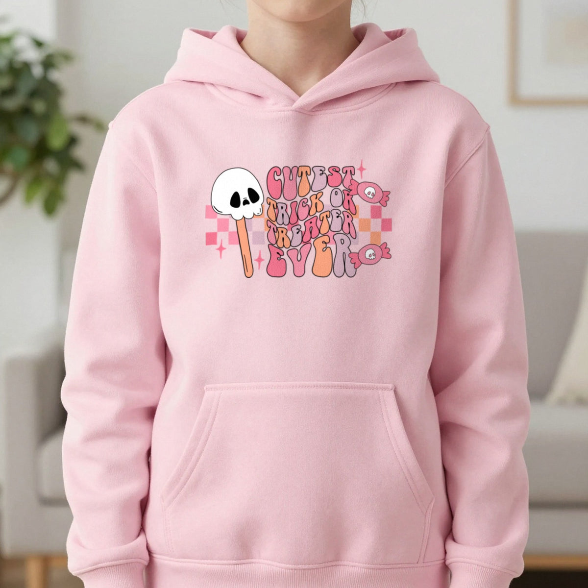Cutest Trick Or Treater Ever Halloween Kids Hoodie in Light Pink, worn, our photo