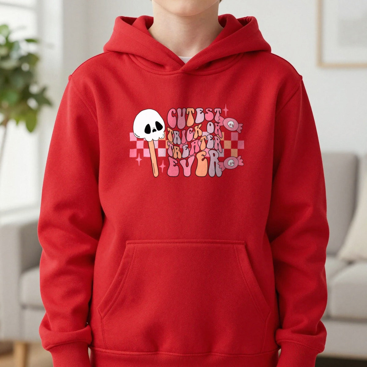 Cutest Trick Or Treater Ever Halloween Kids Hoodie in Red, worn, our photo
