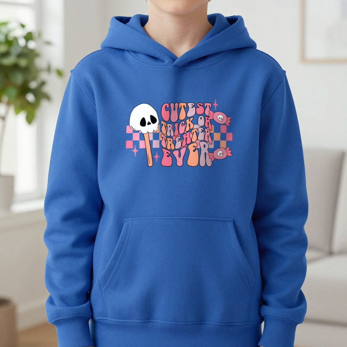 Cutest Trick Or Treater Ever Halloween Kids Hoodie in Royal, worn, our photo
