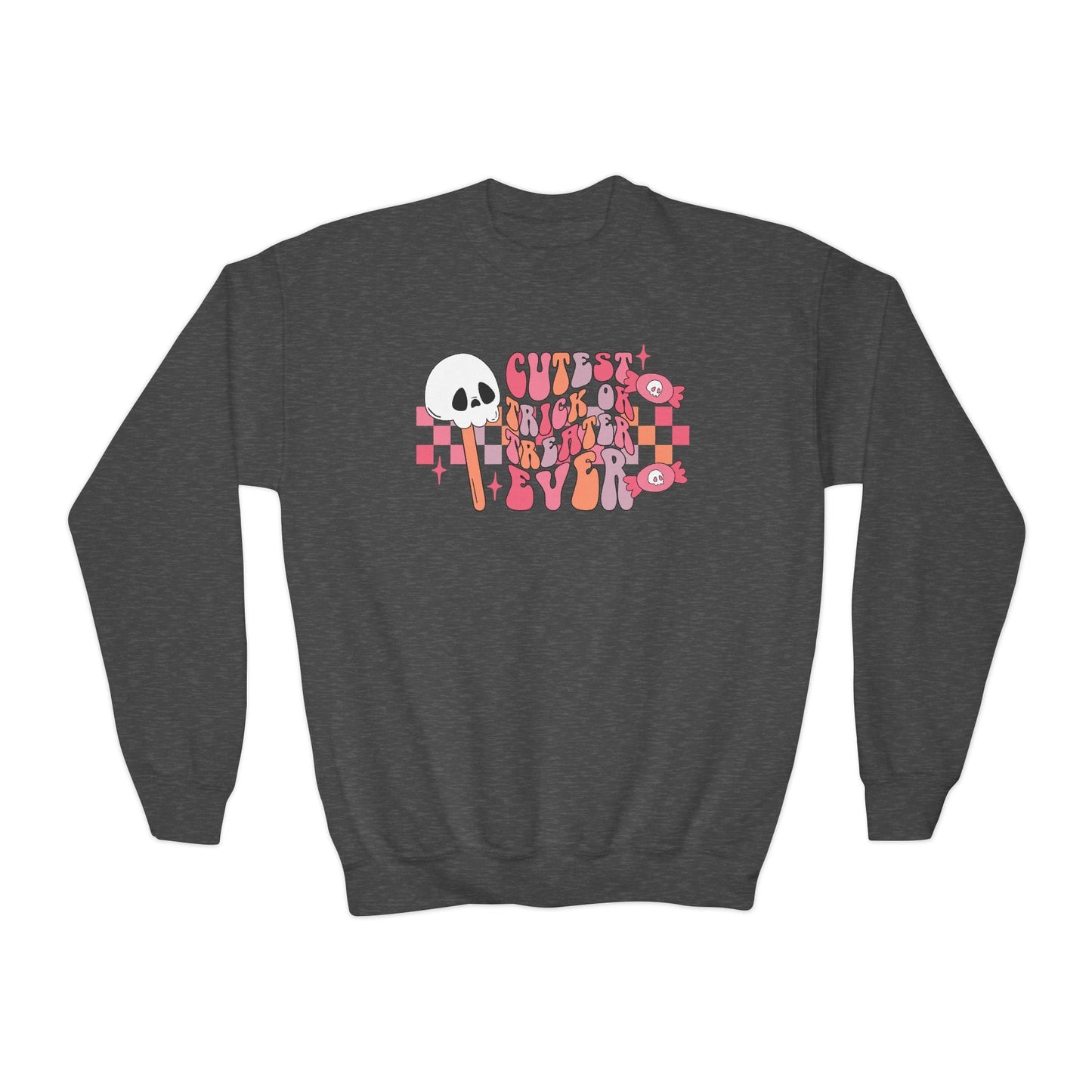 dark heather kids Halloween sweatshirt with cutest trick or treater ever print