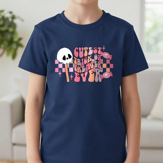 Cutest Trick Or Treater Ever Kids Halloween T-Shirt worn, lifestyle photo