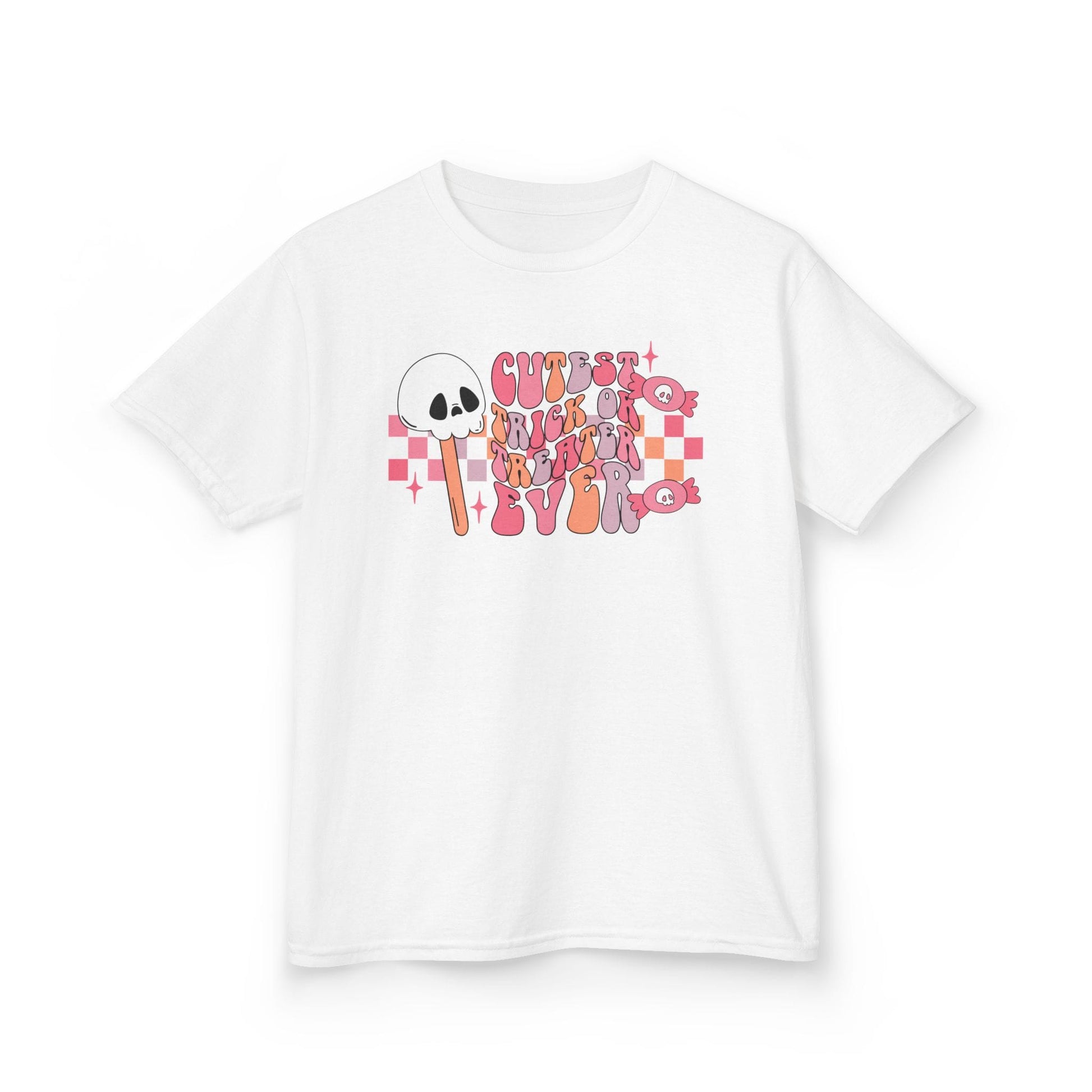 white kids t-shirt with cutest trick or treater ever spooky season halloween print