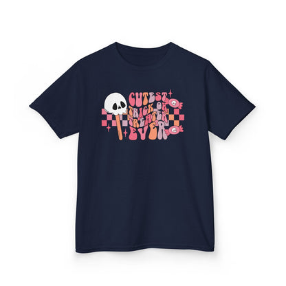 navy kids halloween t-shirt with cutest trick or treater ever retro lettering and candy graphics