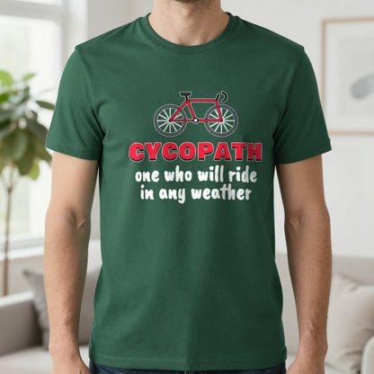 Cycopath Funny Cycling T-Shirt & Sweatshirt in Forest Green (T-Shirt), worn, our photo