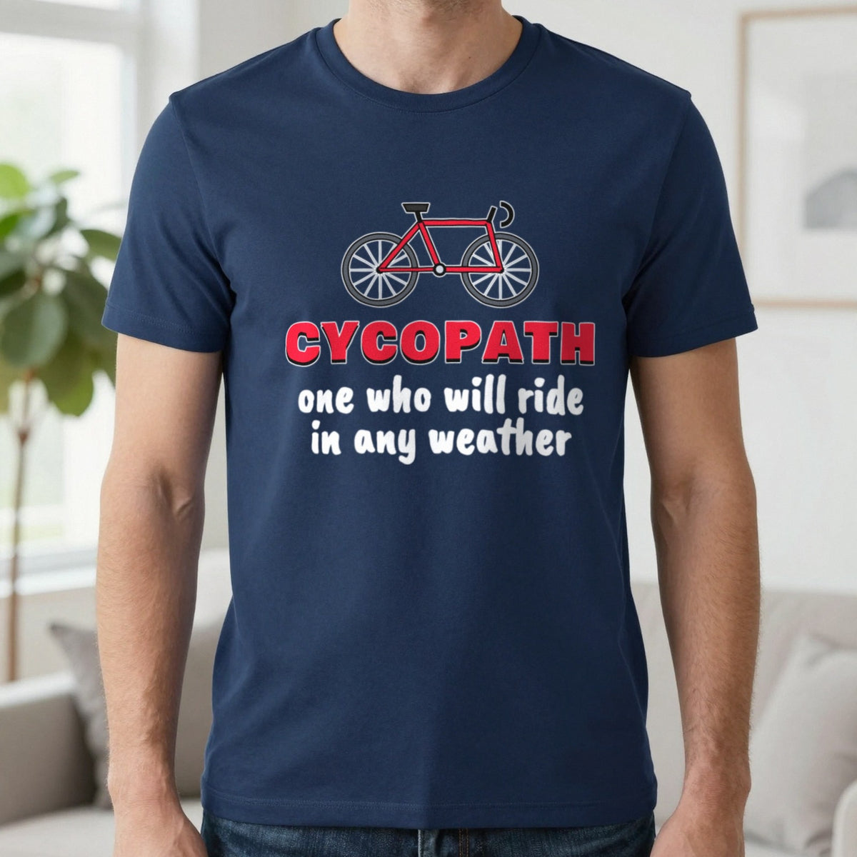 Cycopath Funny Cycling T-Shirt & Sweatshirt in Navy (T-Shirt), worn, our photo