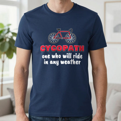Cycopath Funny Cycling T-Shirt & Sweatshirt in Navy (T-Shirt), worn, our photo