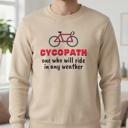 Cycopath Funny Cycling T-Shirt & Sweatshirt in Sand (Sweatshirt), worn, our photo