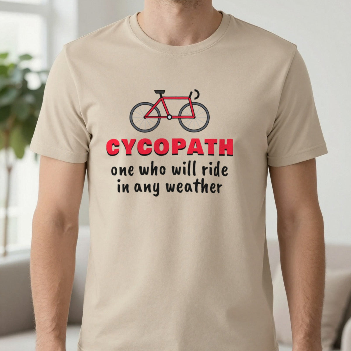 Cycopath Funny Cycling T-Shirt & Sweatshirt in Sand (T-Shirt), worn, our photo