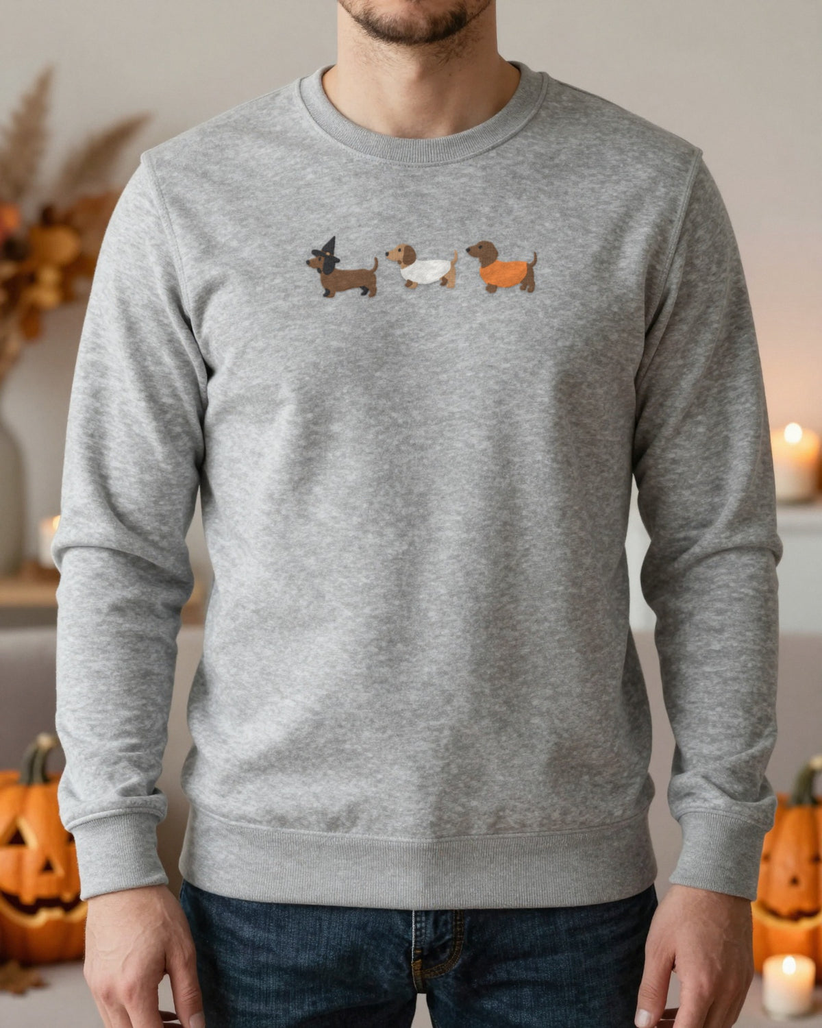 Sausage Dogs in Halloween Costumes Embroidered Sweatshirt worn