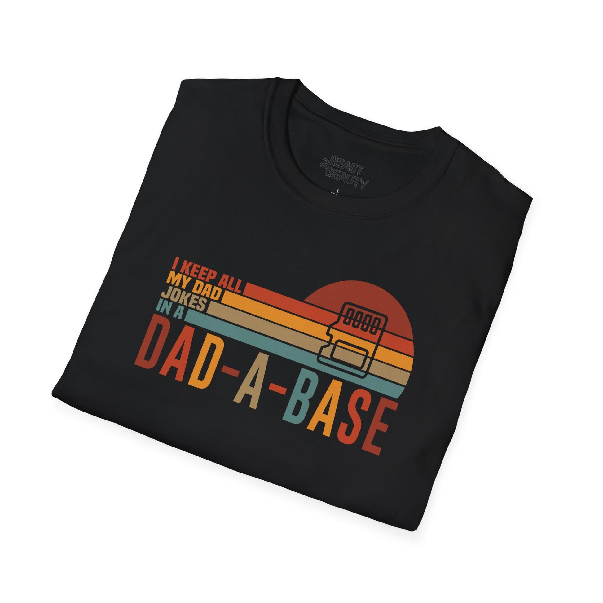 close-up of Dad-A-Base pun graphic on dad jokes t-shirt
