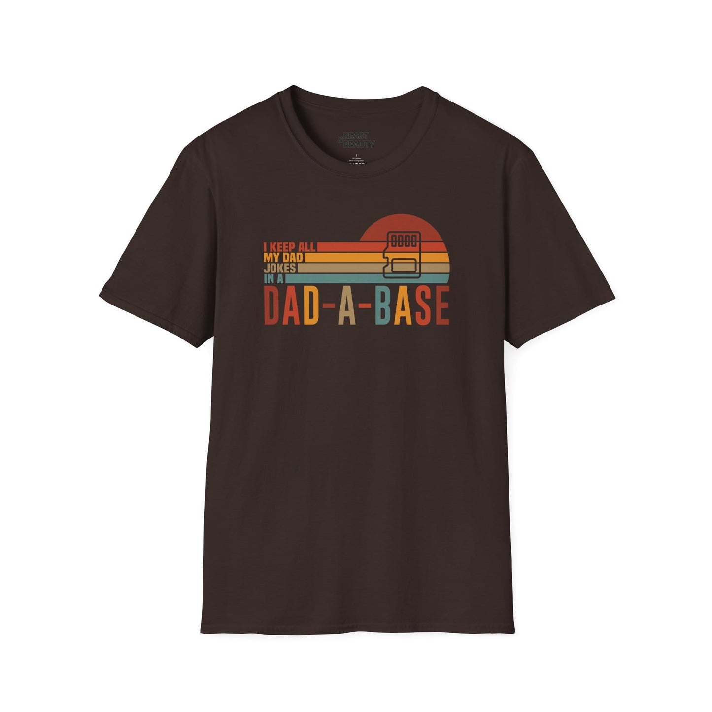 dark chocolate t-shirt with Dad-A-Base dad jokes retro graphic tee