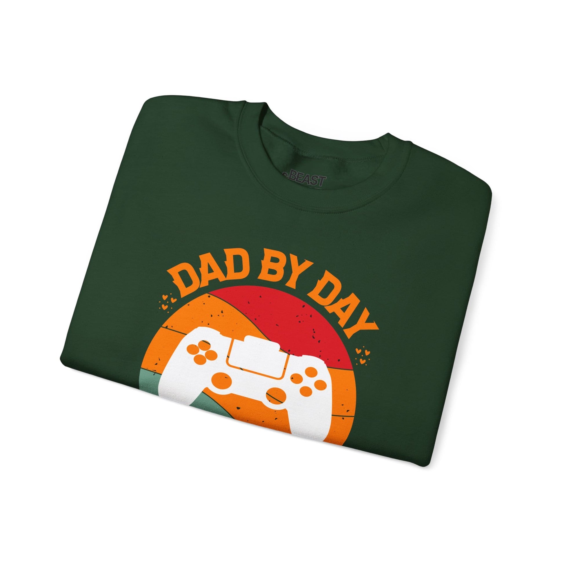dark heather sweatshirt with dad by day gamer by night printed design for dads