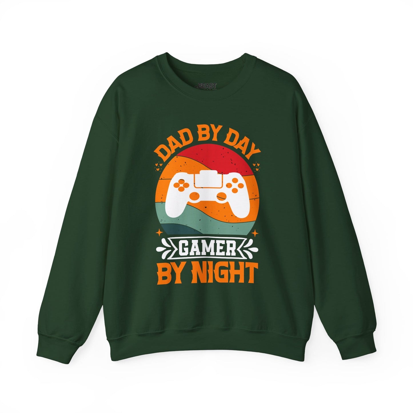 forest green sweatshirt with dad by day gamer by night slogan funny dad gaming gift