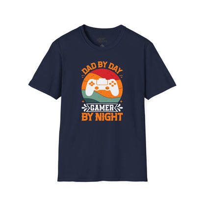 navy t-shirt with dad by day gamer by night retro gaming graphic Father's Day gift idea