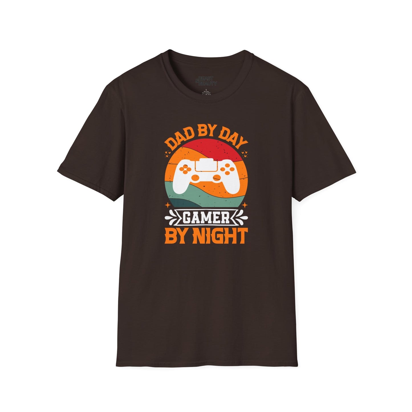 dark chocolate t-shirt with dad by day gamer by night funny gamer dad print