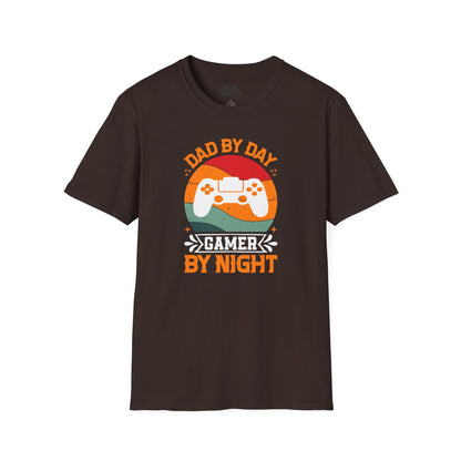 dark chocolate t-shirt with dad by day gamer by night funny gamer dad print