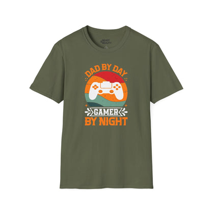 military green t-shirt with dad by day gamer by night retro gaming slogan design