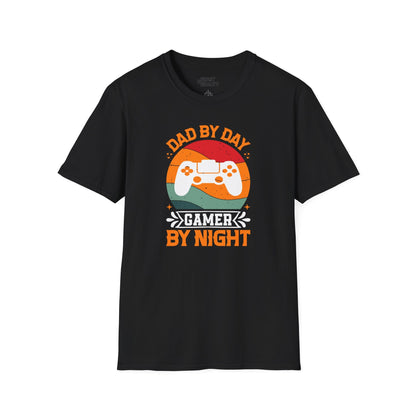 black t-shirt with dad by day gamer by night retro sunset print funny gamer dad gift