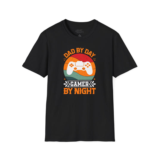 black t-shirt with dad by day gamer by night retro sunset print funny gamer dad gift