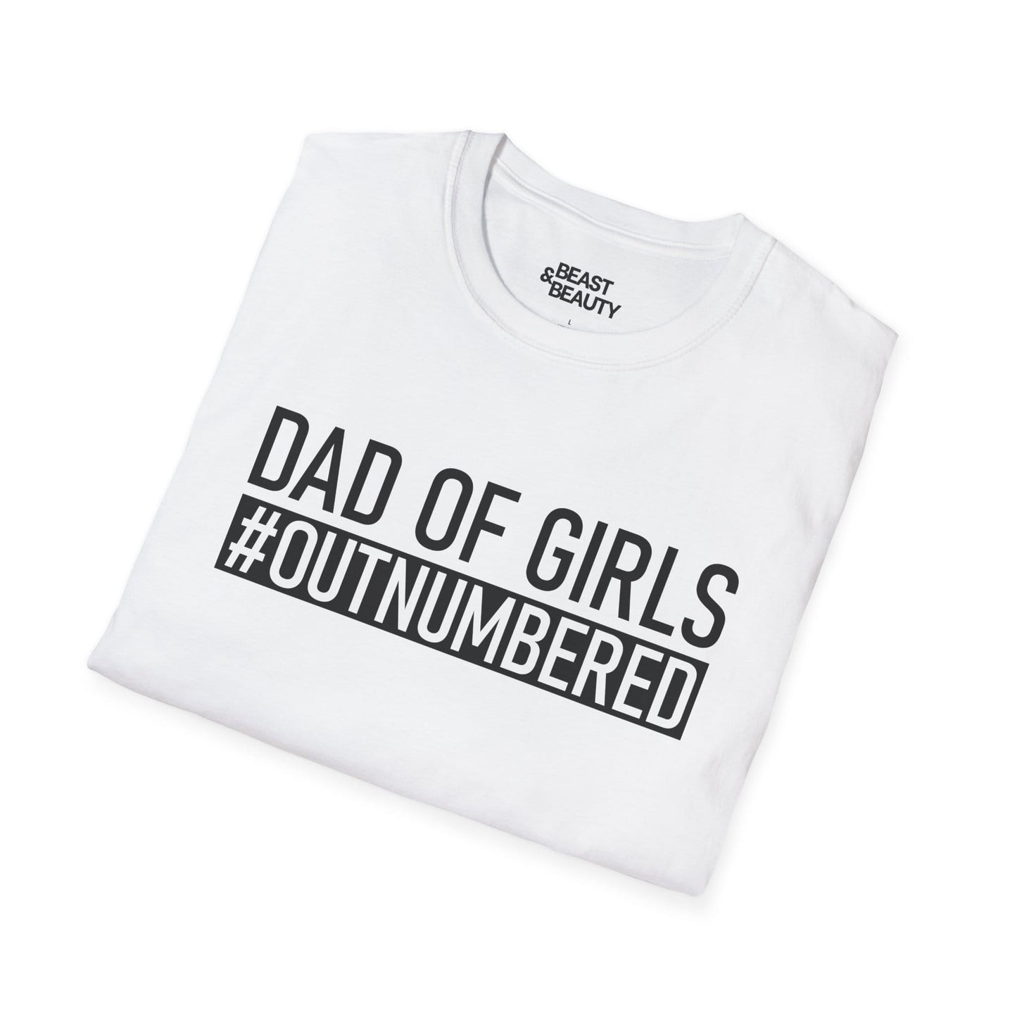 dad of girls outnumbered t-shirt lifestyle shot — funny slogan tee for dads