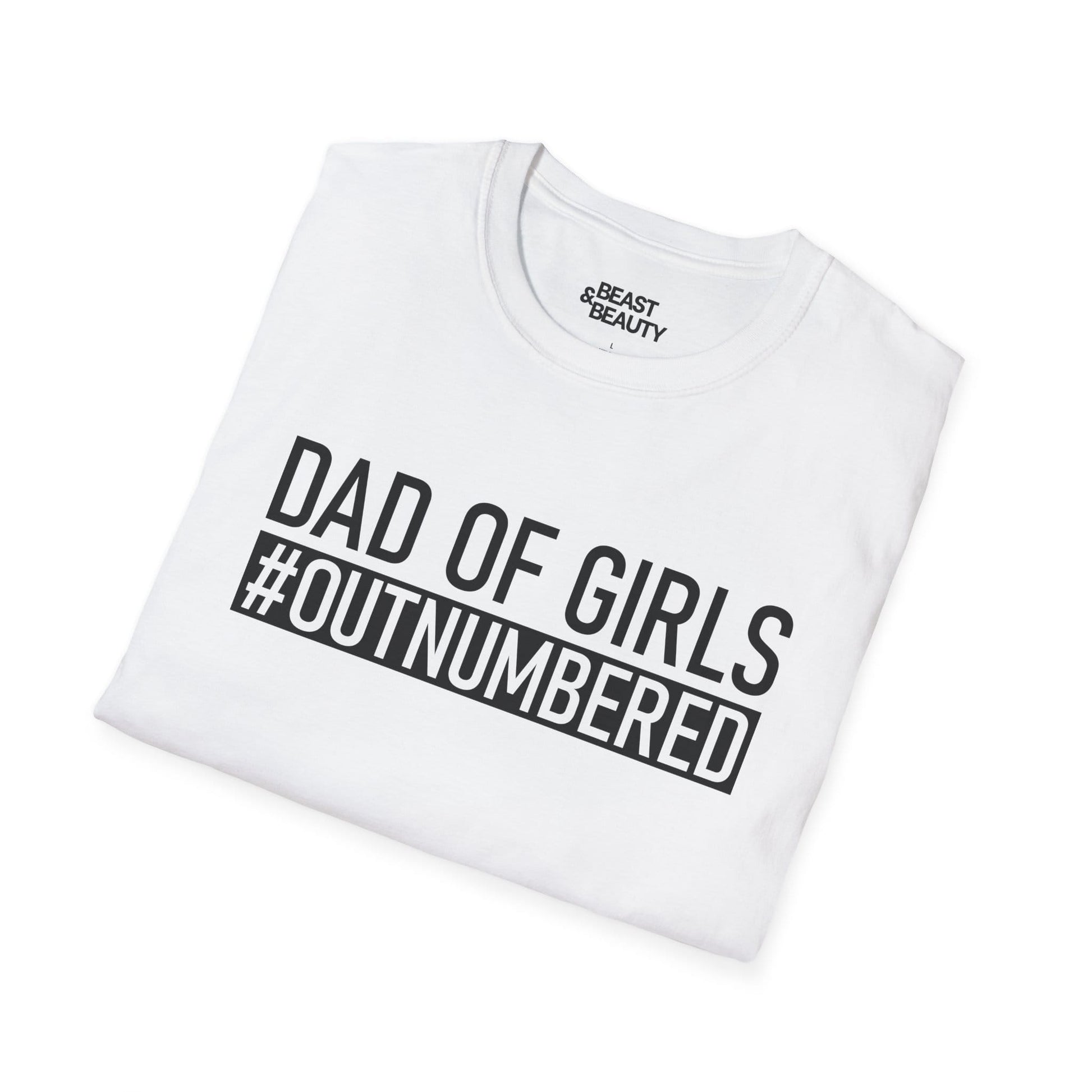 dad of girls outnumbered t-shirt lifestyle shot — funny slogan tee for dads