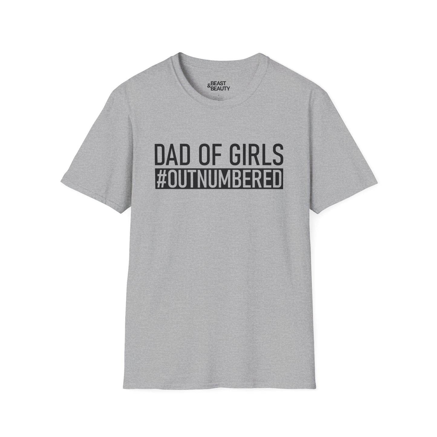 sport grey t-shirt with outnumbered dad of girls funny slogan — birthday gift idea