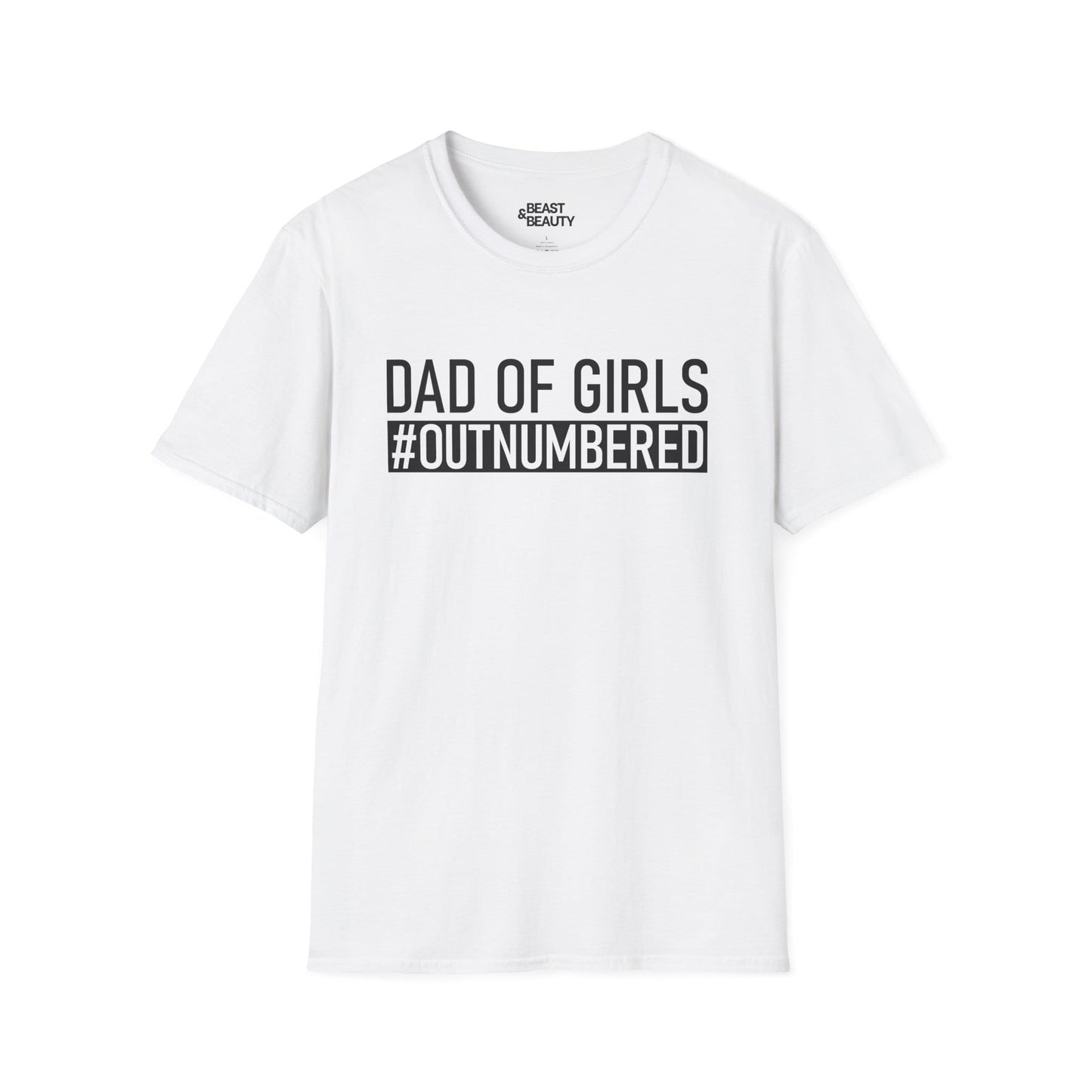 white t-shirt with dad of girls outnumbered slogan print — funny Father's Day gift for dads