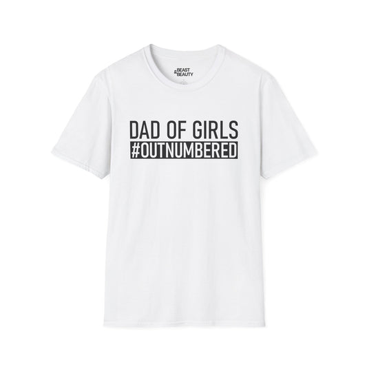 white t-shirt with dad of girls outnumbered slogan print — funny Father's Day gift for dads