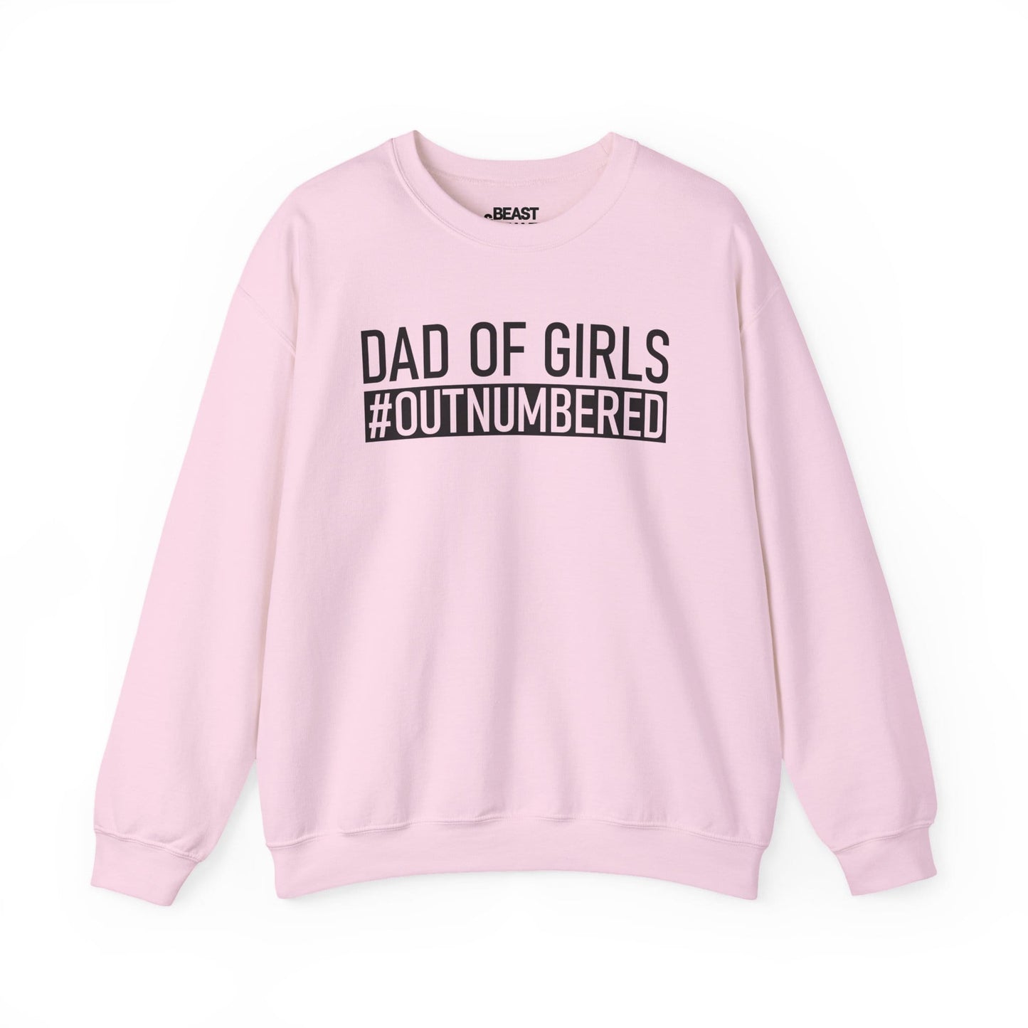 light pink sweatshirt with dad of girls outnumbered slogan print funny Father's Day gift