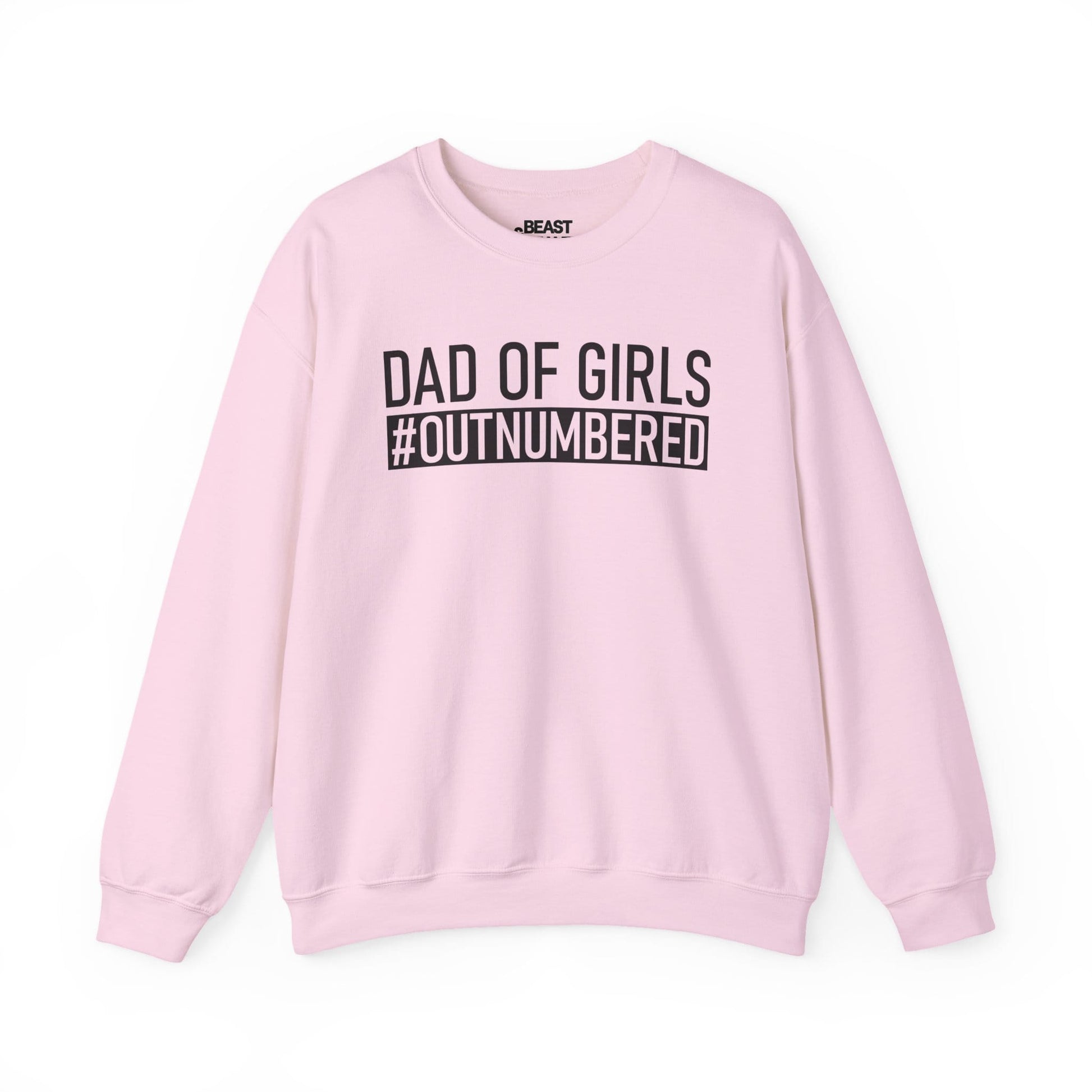 light pink sweatshirt with dad of girls outnumbered slogan print funny Father's Day gift