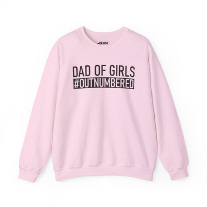 light pink sweatshirt with dad of girls outnumbered slogan print funny Father's Day gift