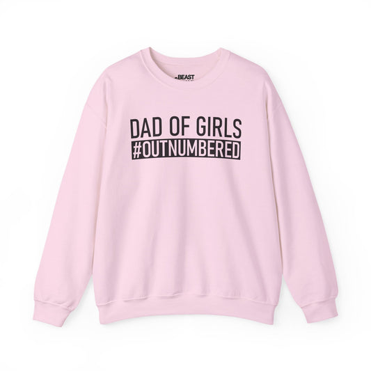 light pink sweatshirt with dad of girls outnumbered slogan print funny Father's Day gift