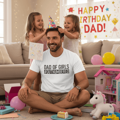 dad of girls outnumbered t-shirt gift idea flat lay — Beast & Beauty funny dad clothing