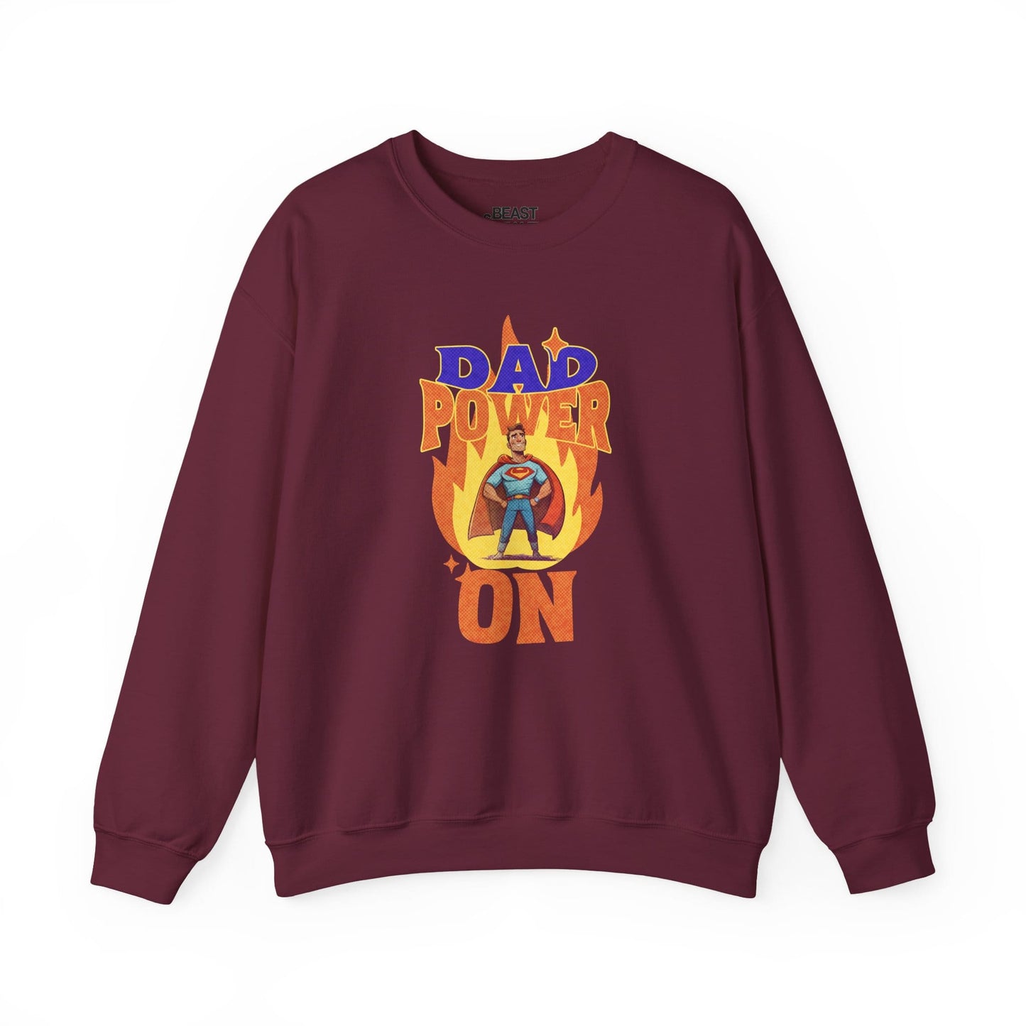 maroon sweatshirt with Dad Power On bold design funny dad sweatshirt