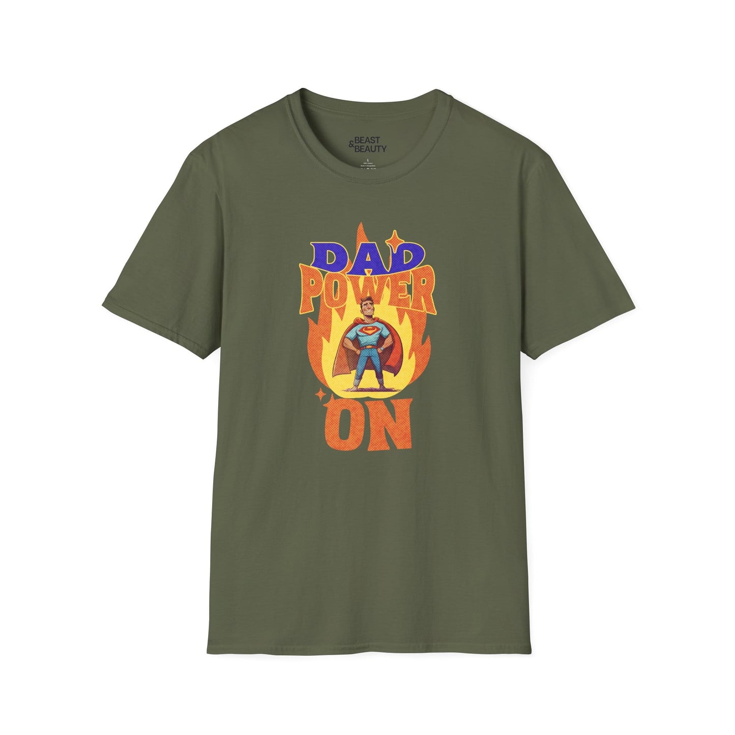 military green t-shirt with dad power on bold superhero dad print