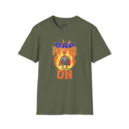 military green t-shirt with dad power on bold superhero dad print