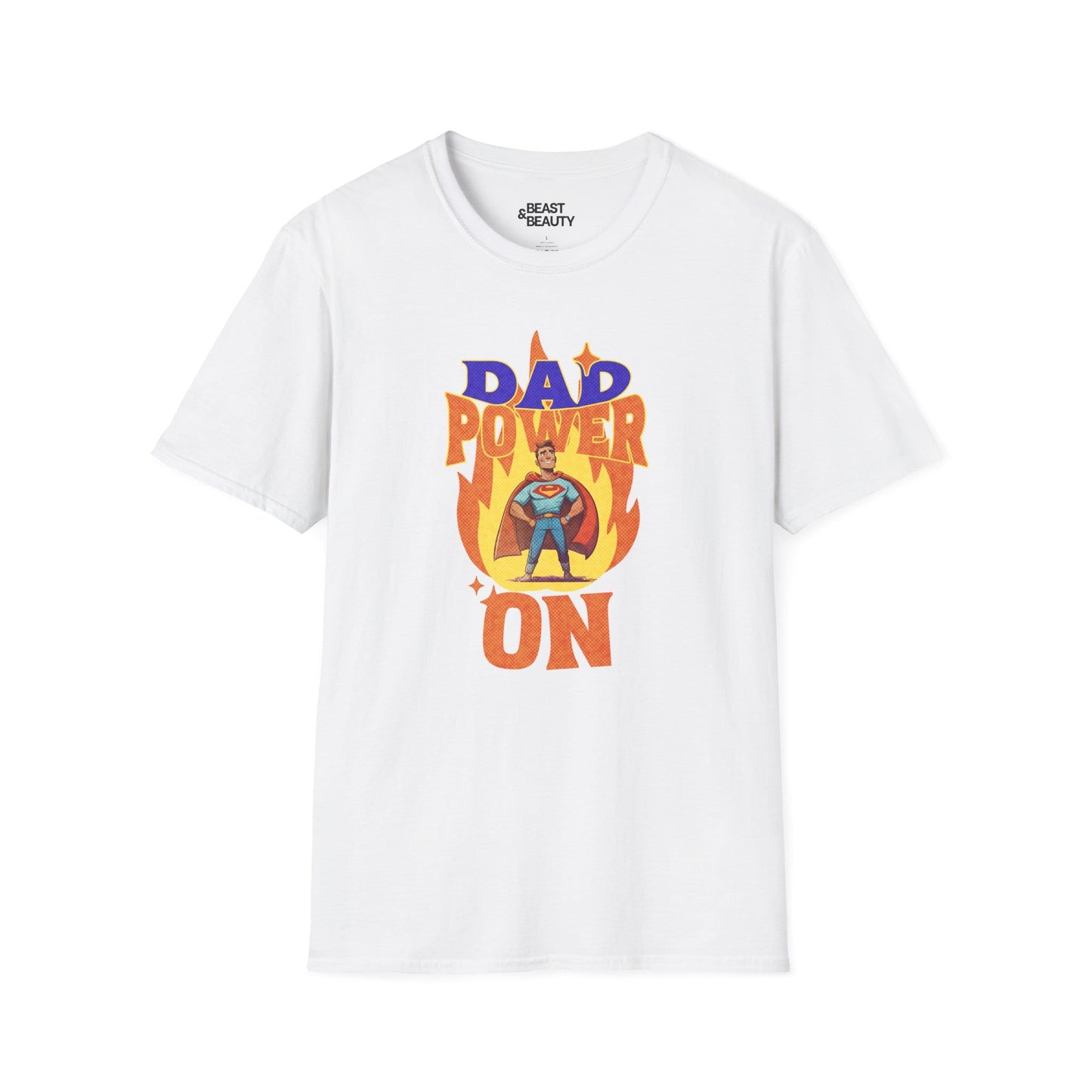 white t-shirt with dad power on superhero dad design birthday gift idea