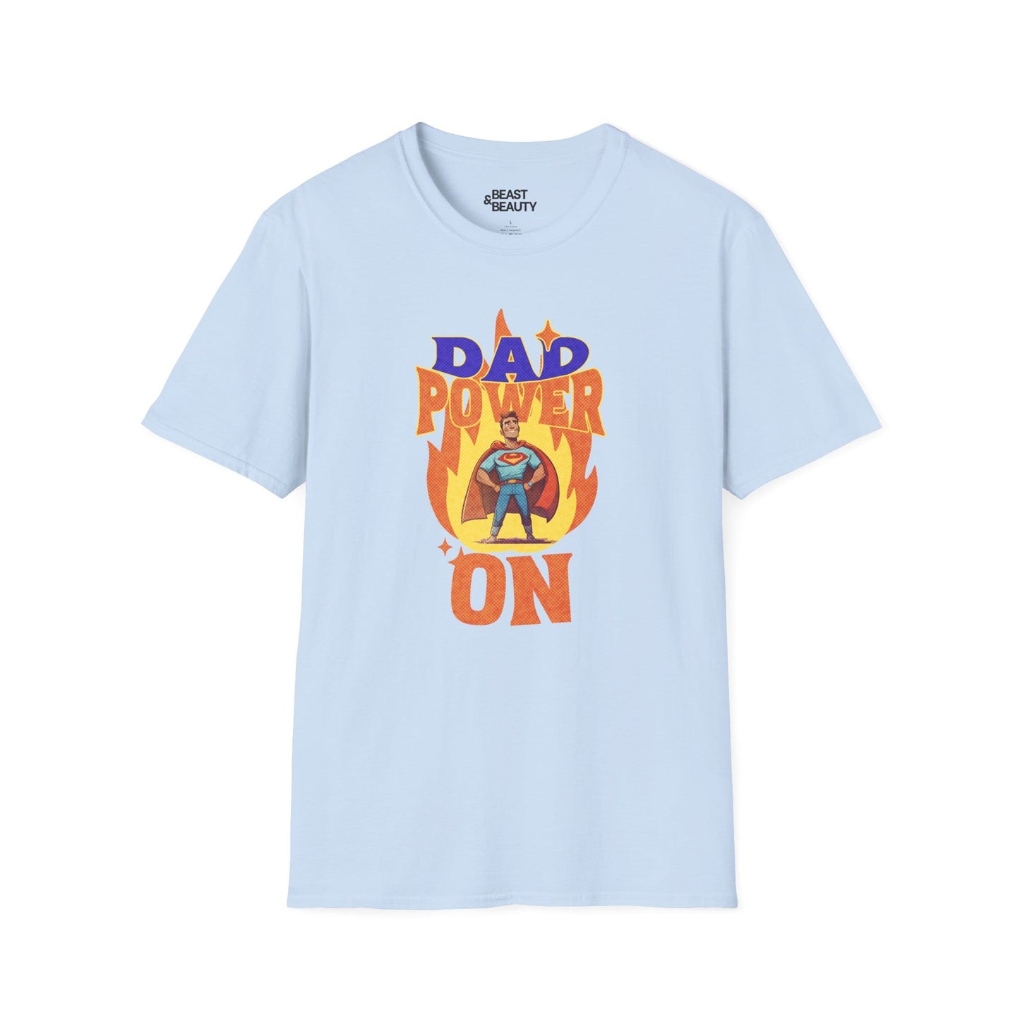 light blue t-shirt with dad power on superhero dad graphic tee