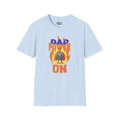 light blue t-shirt with dad power on superhero dad graphic tee