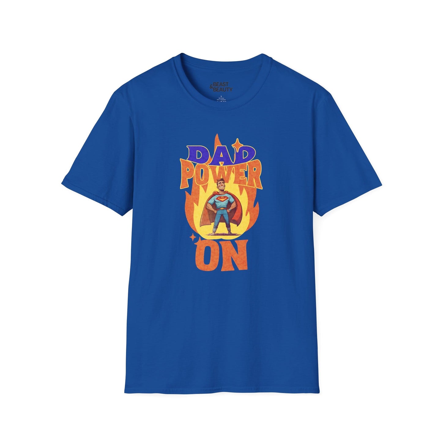 royal blue t-shirt with dad power on bold comic-style superhero print