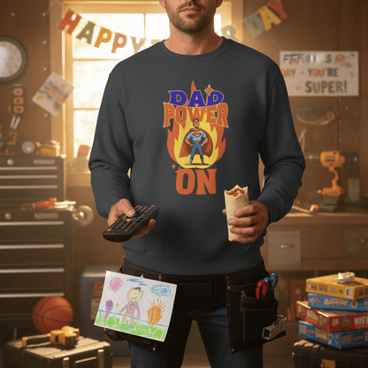 Dad Power On sweatshirt gift idea flat lay multiple colour options